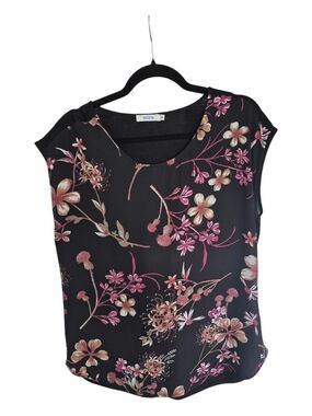 Ricki's Black Floral Cap-Sleeve Blouse with Pink & Tan Blooms